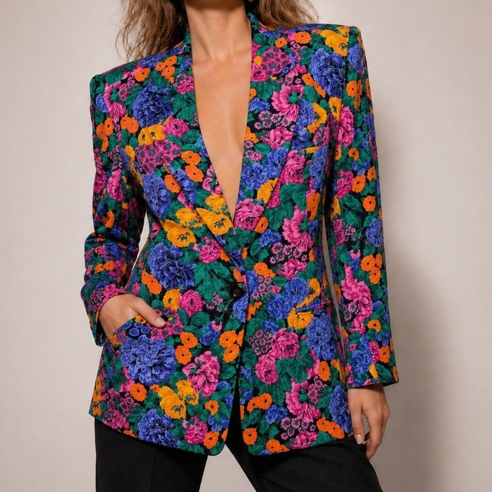 Vintage JH Collectibles 80s Floral Blazer Jacket Bold Print Rayon ILGWU USA 10